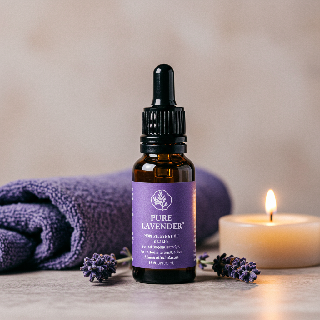 Bottle of Lavender Oil with lavender flowers
