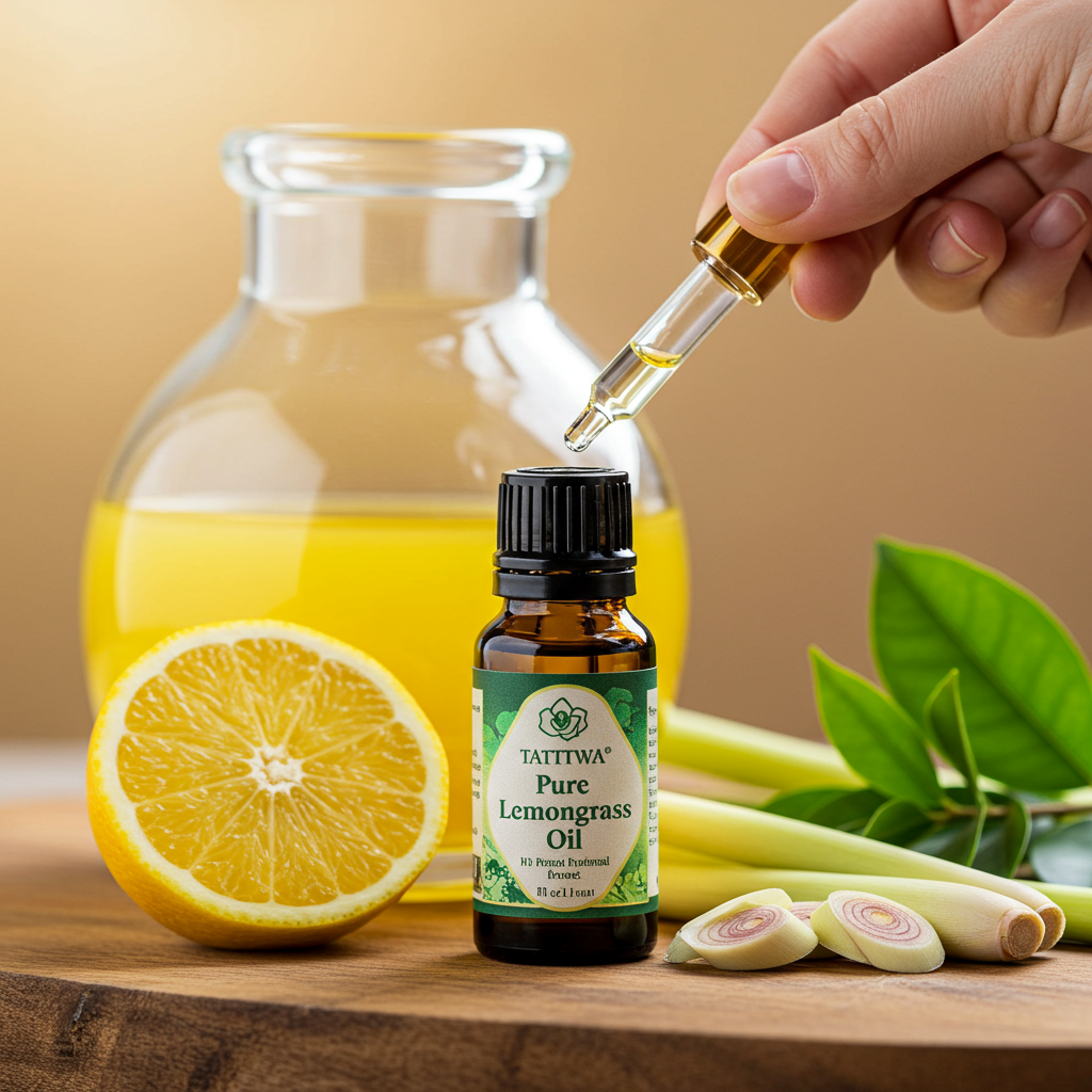 Bottle of Lemongrass Oil with lemongrass stalks